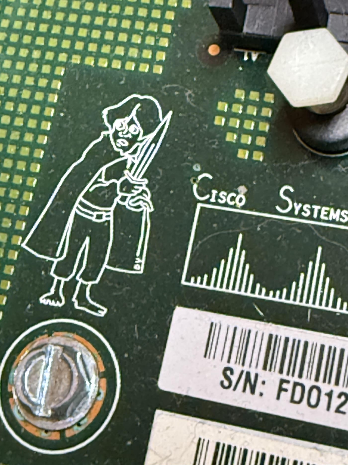 Hobbit silkscreened on a Cisco Catalyst 3750 motherboard